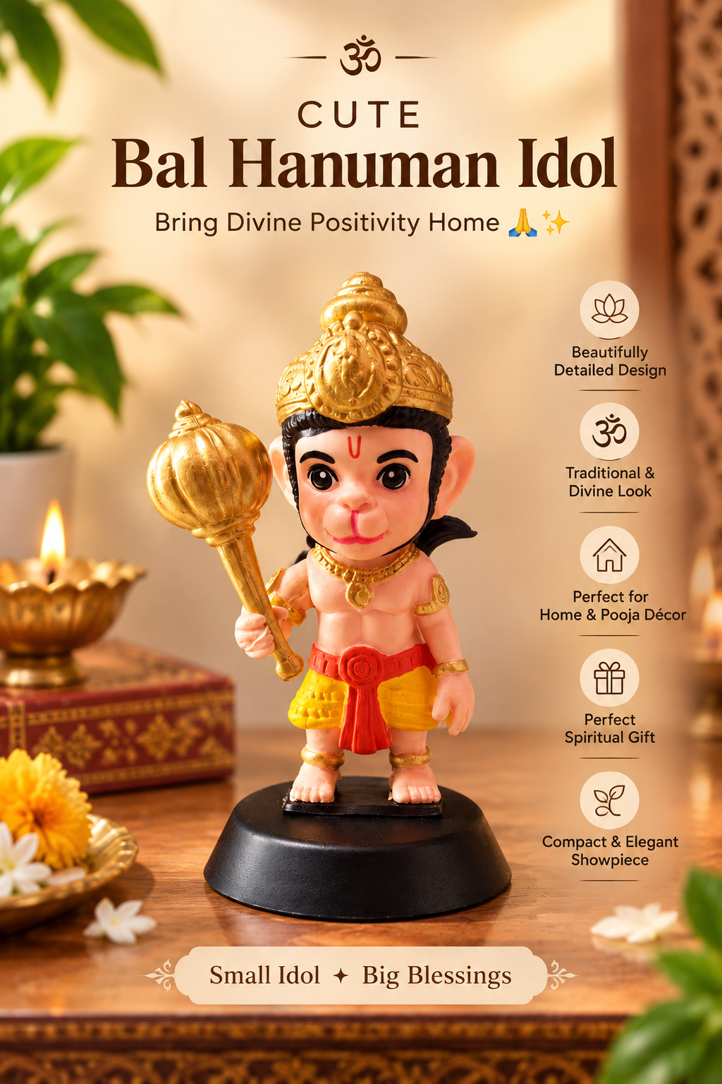 Cute Bal Hanuman Idol with Golden Gada