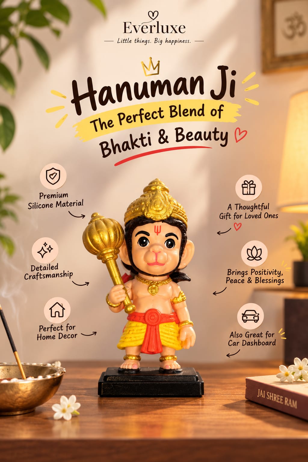 🕉️ Hanumanji Idol | Lord Hanuman Decorative Statue with Gada | Home Temple, Car Dashboard & Office Décor | Spiritual Gift