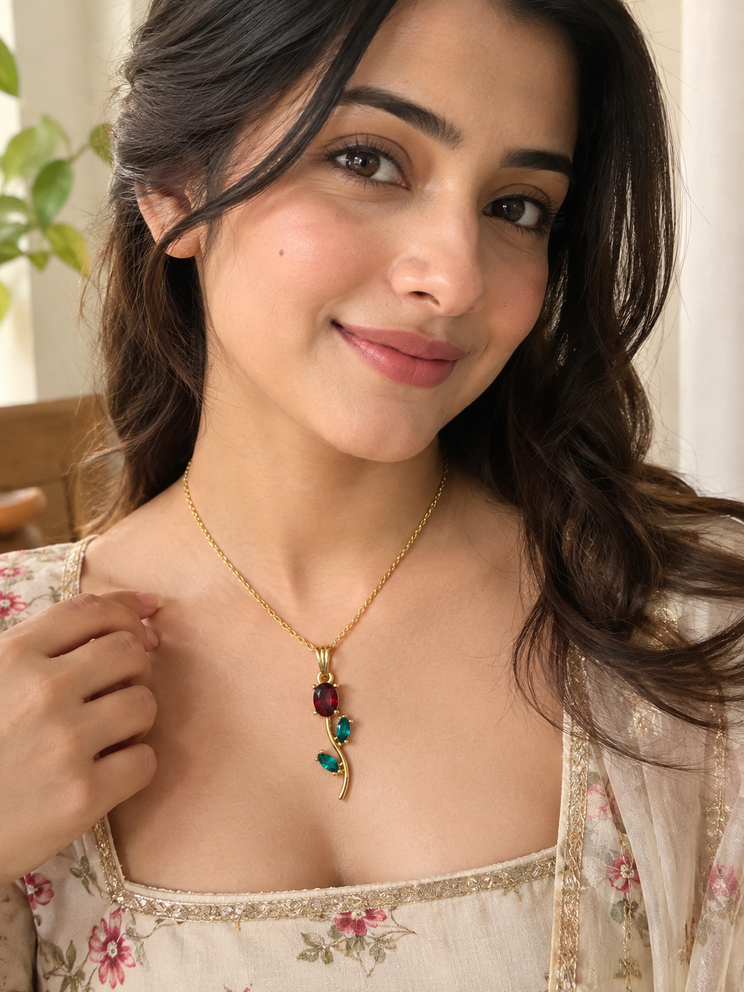 Everluxe Elegant Red & Teal Floral Vine Pendant Necklace for Women