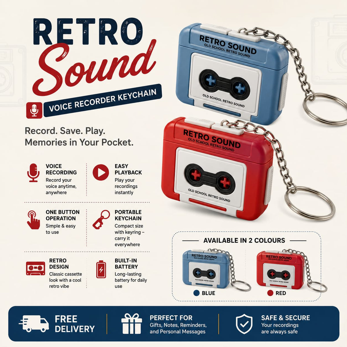 Voice Recording Keychain Retro Sound | Record & Playback Mini Cassette Key Ring |